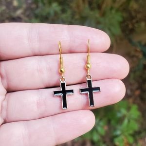 New Dainty Handmade Gold & Black Enamel Cross Earrings
